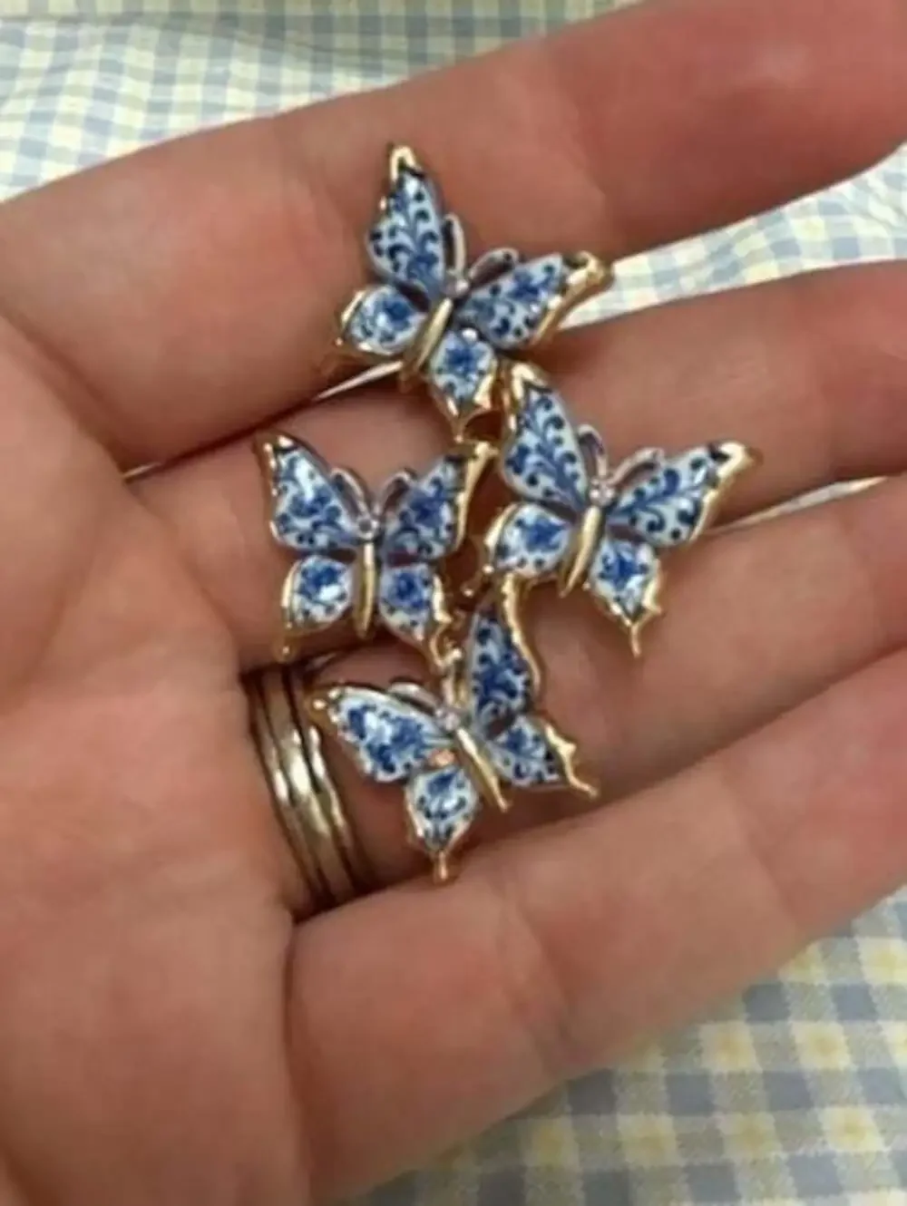 Blue and White Enamel Butterfly Triple Motif Hair Clip